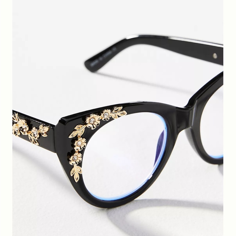 Anthropologie Black Cat-Eye Glasses with Gold Floral Accents - Picture 5 of 7